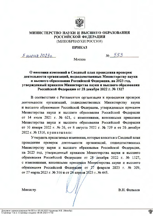 Приказ 553 О внесении изменений в Сводный план проведения проверок деятельности организаций, подведомственных Министерству науки и высшего образования Российской Федерации, на 2023 год, утвержденный приказом Министерства науки и высшего образования Российской Федерации от 28 декабря 2022 г. N 1327