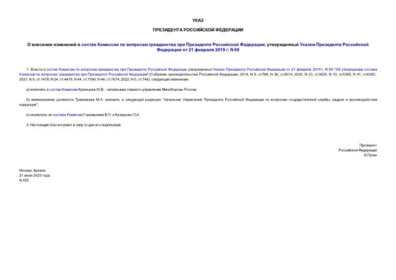 Указ 455 О внесении изменений в состав Комиссии по вопросам гражданства при Президенте Российской Федерации, утвержденный Указом Президента Российской Федерации от 21 февраля 2019 г. N 69