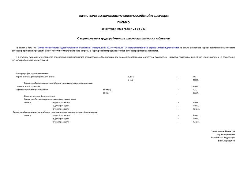 Письмо 21-01-983 О нормировании труда работников флюорографических кабинетов
