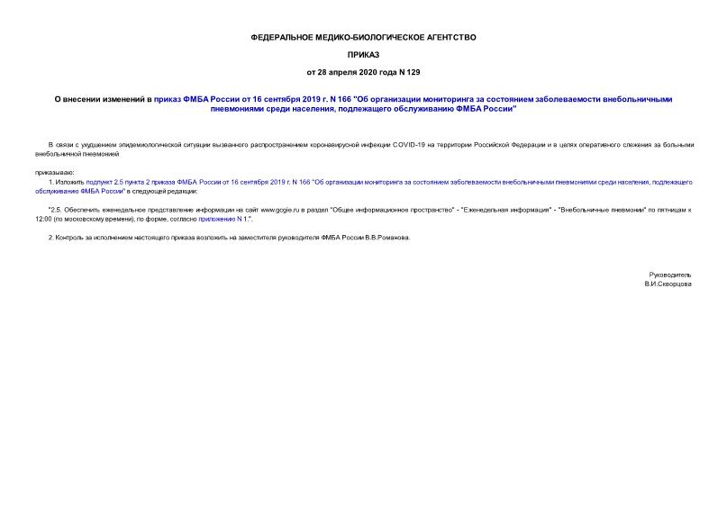 Приказ 129 О внесении изменений в приказ ФМБА России от 16 сентября 2019 г. N 166 