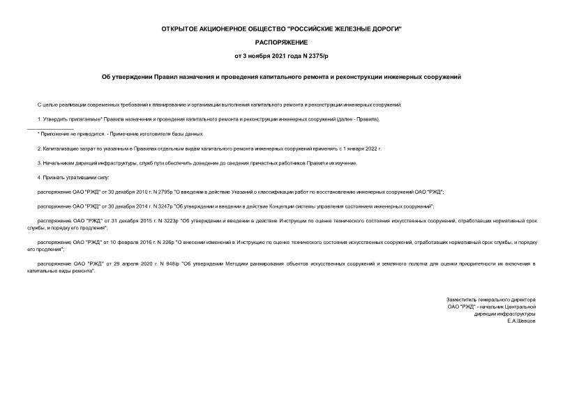 Распоряжение 2375/р Об утверждении Правил назначения и проведения капитального ремонта и реконструкции инженерных сооружений