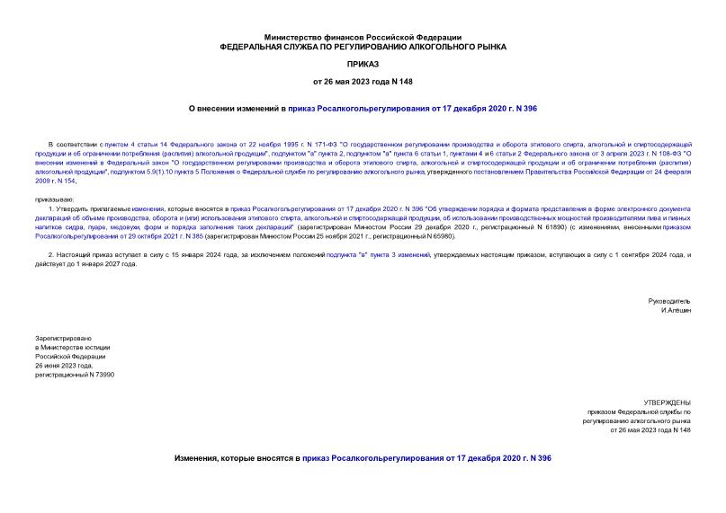 Приказ 148 О внесении изменений в приказ Росалкогольрегулирования от 17 декабря 2020 г. N 396