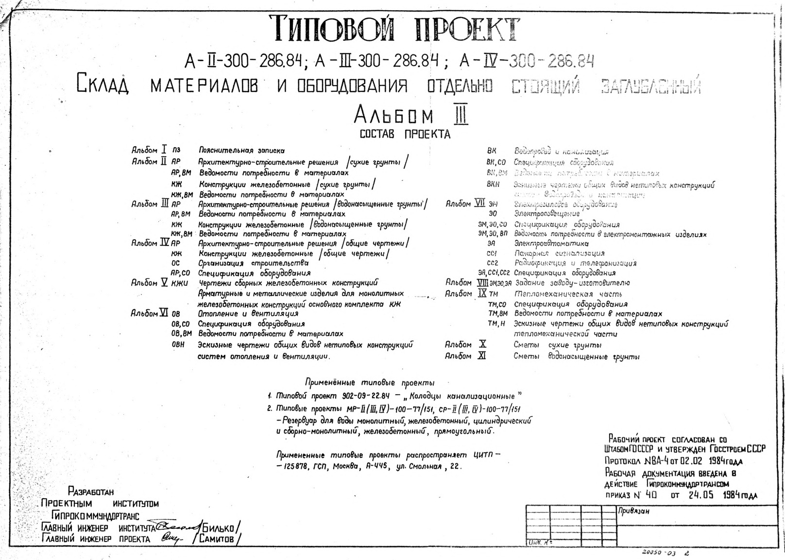 Типовой проект А-II,III,IV-300-286.84 Склад материалов и оборудования, отдельно стоящий, заглубленный. Альбом 3 Архитектурно-строительные решения (водонасыщенные грунты. Конструкции железобетонные (водонасыщенные грунты). Ведомости потребности в материалах