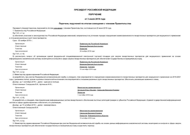 Поручение Президента Российской Федерации Пр-1141 Перечень поручений по итогам совещания с членами Правительства