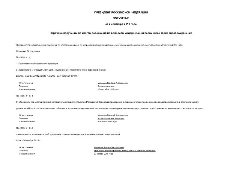 Поручение Президента Российской Федерации Пр-1755 Перечень поручений по итогам совещания по вопросам модернизации первичного звена здравоохранения