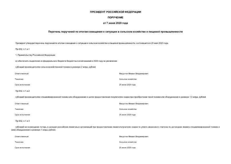 Поручение Президента Российской Федерации Пр-932 Перечень поручений по итогам совещания о ситуации в сельском хозяйстве и пищевой промышленности