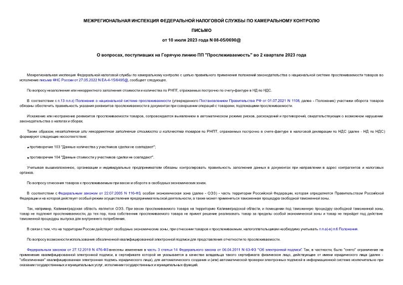 Письмо 08-05/0690@ О вопросах, поступивших на Горячую линию ПП 