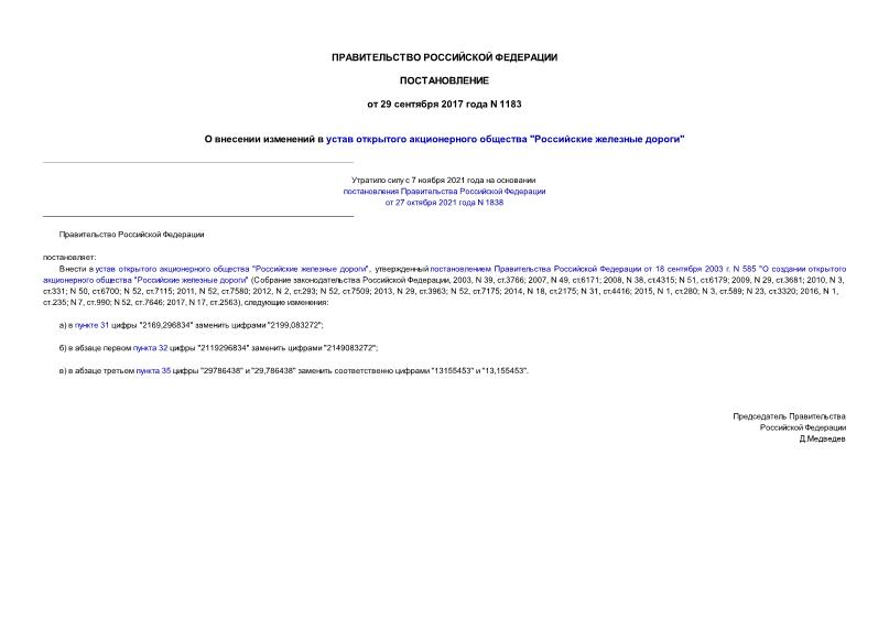 Постановление 1183 О внесении изменений в устав открытого акционерного общества 