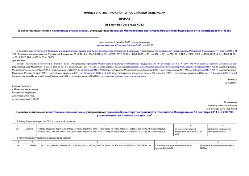 Приказ 353 О внесении изменений в постоянные опасные зоны, утвержденные приказом Министерства транспорта Российской Федерации от 16 сентября 2014 г. N 250