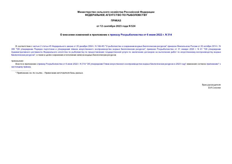 Приказ 524 О внесении изменений в приложение к приказу Росрыболовства от 6 июня 2022 г. N 314