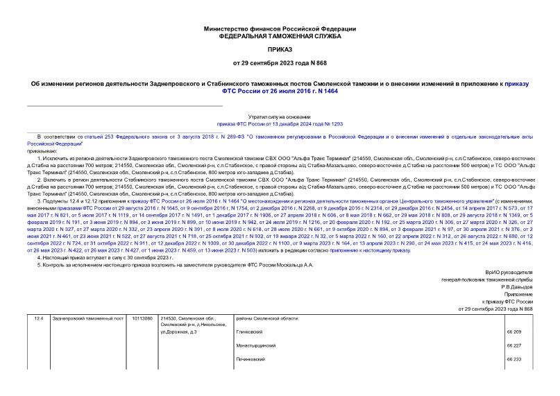 Приказ 868 Об изменении регионов деятельности Заднепровского и Стабнинского таможенных постов Смоленской таможни и о внесении изменений в приложение к приказу ФТС России от 26 июля 2016 г. N 1464