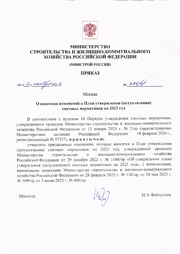 Приказ 796/пр О внесении изменений в План утверждения (актуализации) сметных нормативов на 2023 год