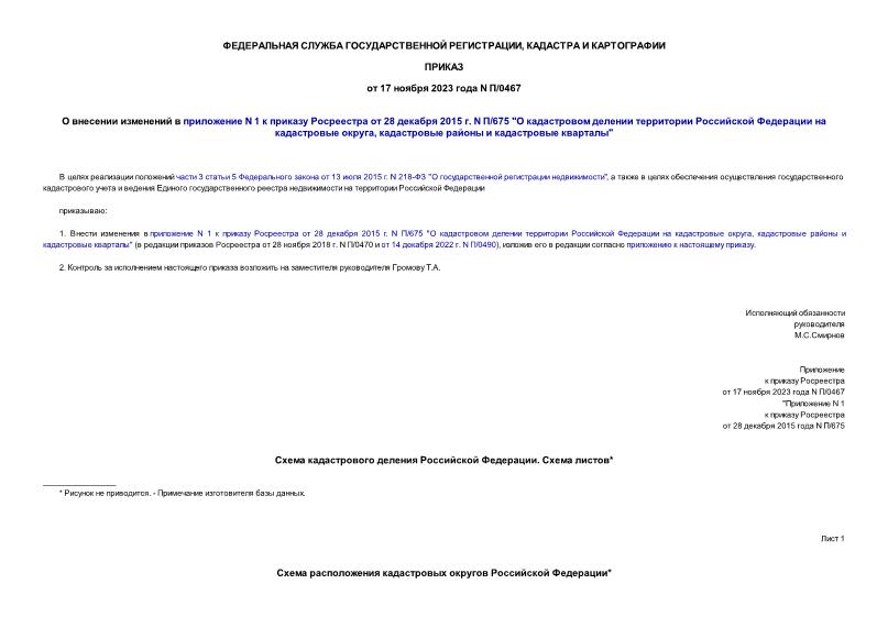 Приказ П/0467 О внесении изменений в приложение N 1 к приказу Росреестра от 28 декабря 2015 г. N П/675 