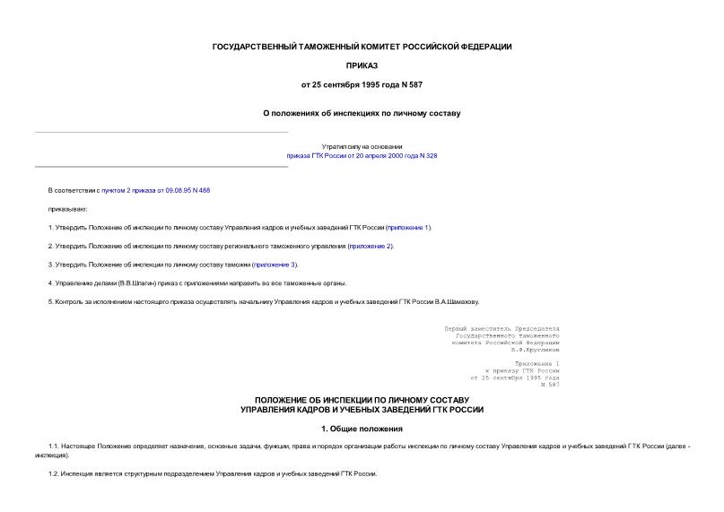 Приказ 587 О положениях об инспекциях по личному составу