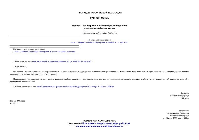 Распоряжение 350-рп Вопросы государственного надзора за ядерной и радиационной безопасностью