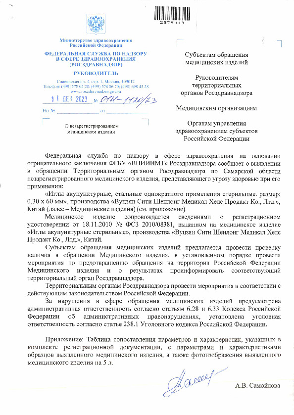 Письмо 01И-1120/23 О незарегистрированном медицинском изделии