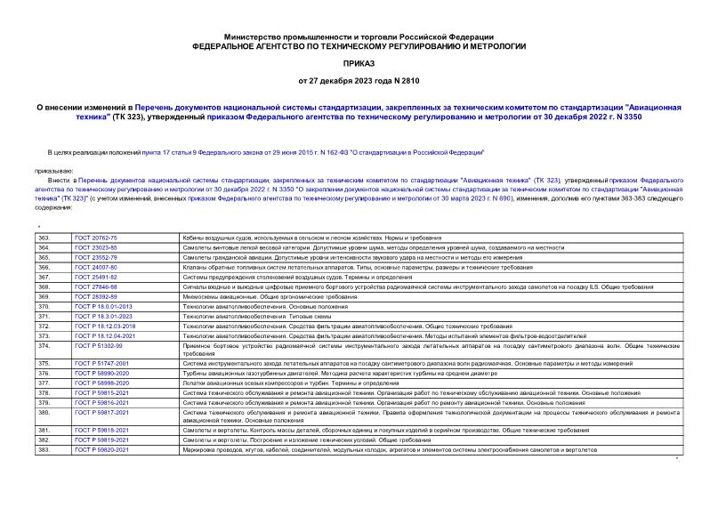 Приказ 2810 О внесении изменений в Перечень документов национальной системы стандартизации, закрепленных за техническим комитетом по стандартизации 