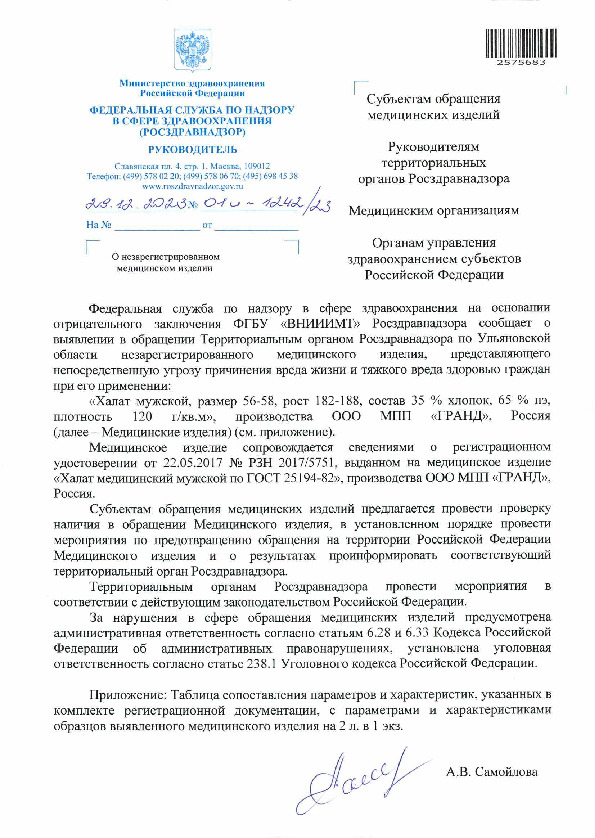 Письмо 01И-1242/23 О незарегистрированном медицинском изделии