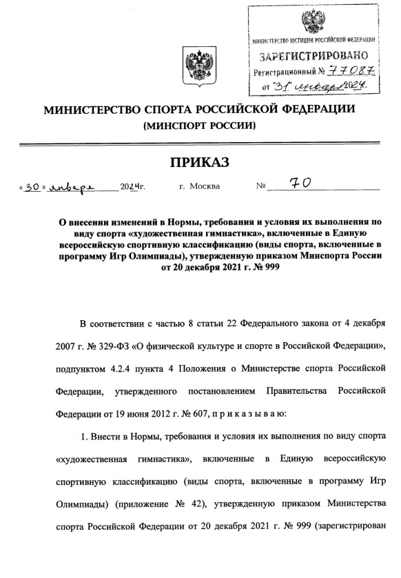 Приказ 70 О внесении изменений в Нормы, требования и условия их выполнения по виду спорта 