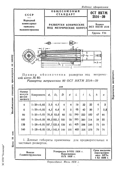 ОСТ НКТМ 2514-39 Развертки конические под метрические конуса