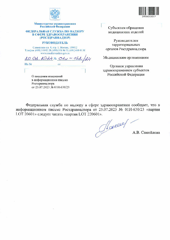 Письмо 01И-152/24 О внесении изменений в информационное письмо Росздравнадзора от 25.07.2023 N 01И-630/23