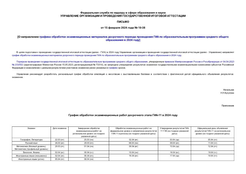 Письмо 10-38 О направлении графика обработки экзаменационных материалов досрочного периода проведения ГИА по образовательным программам среднего общего образования в 2024 году