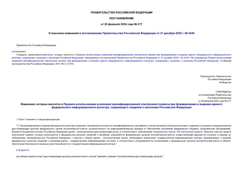 Постановление 217 О внесении изменений в постановление Правительства Российской Федерации от 31 декабря 2020 г. № 2440