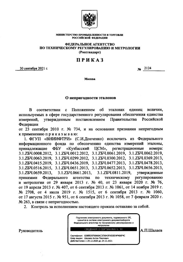 Приказ 2124 О непригодности эталонов