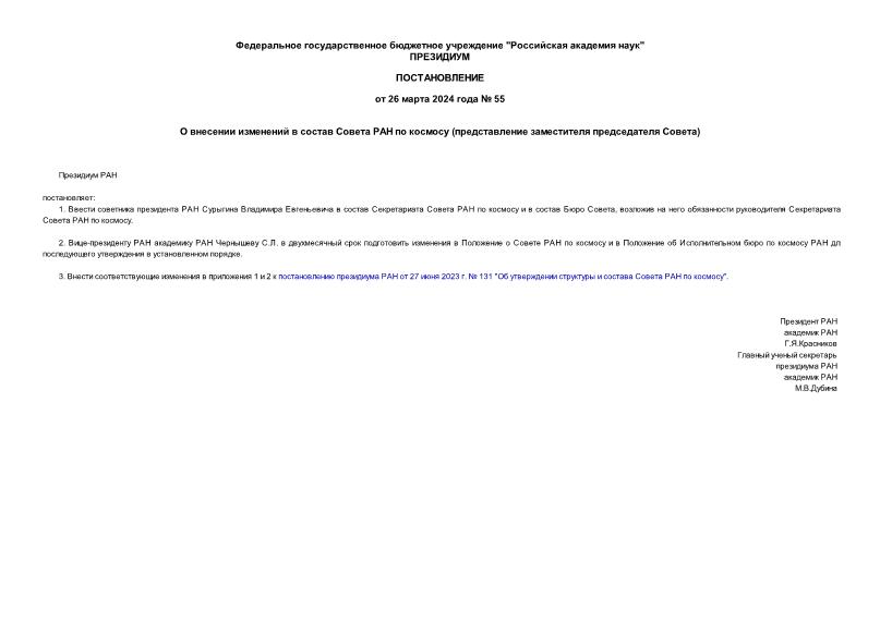 Постановление 55 О внесении изменений в состав Совета РАН по космосу (представление заместителя председателя Совета)