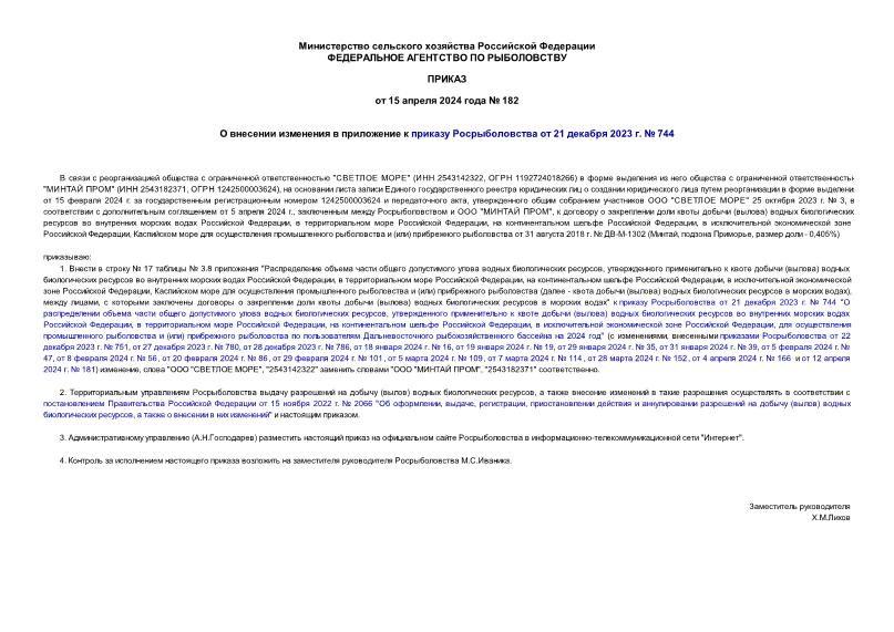 Приказ 182 О внесении изменения в приложение к приказу Росрыболовства от 21 декабря 2023 г. № 744