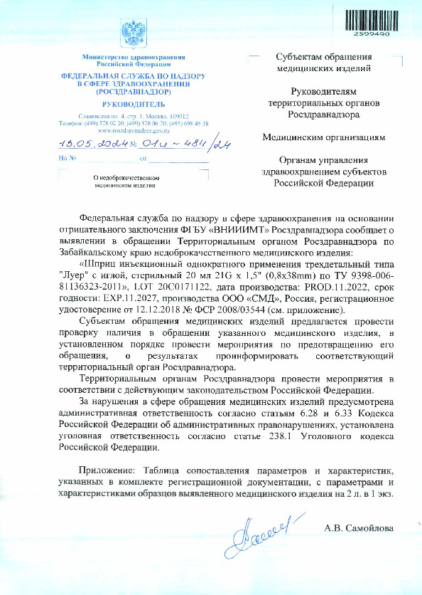Письмо 01И-484/24 О недоброкачественном медицинском изделии
