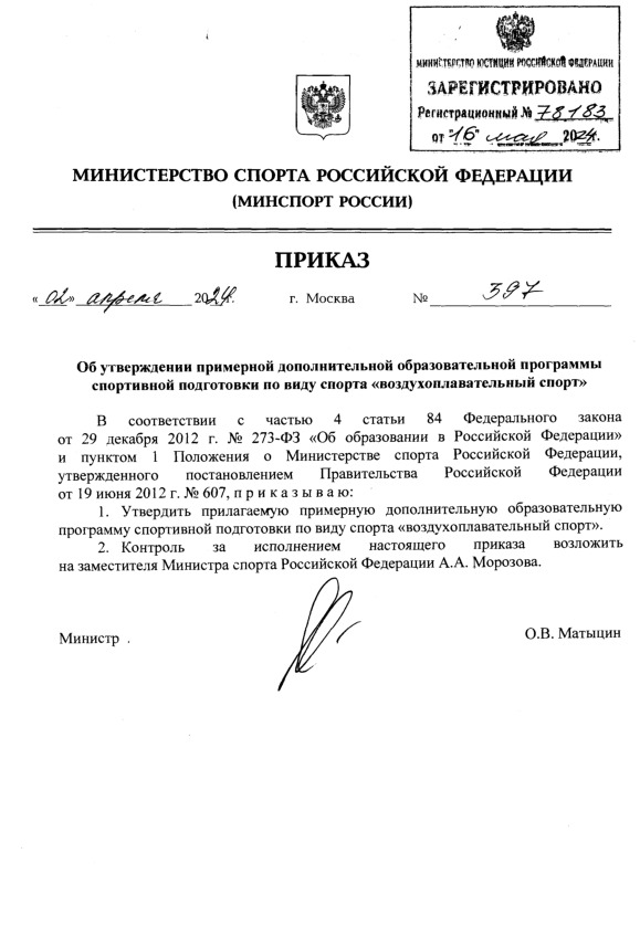 Приказ 397 Об утверждении примерной дополнительной образовательной программы спортивной подготовки по виду спорта 