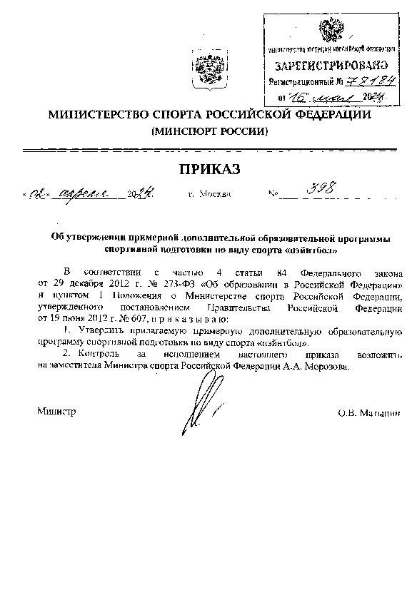 Приказ 398 Об утверждении примерной дополнительной образовательной программы спортивной подготовки по виду спорта 