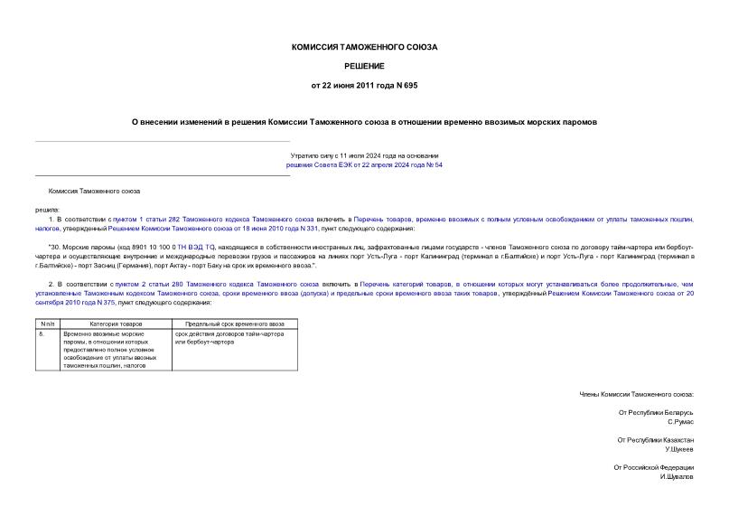 Решение 695 О внесении изменений в решения Комиссии Таможенного союза в отношении временно ввозимых морских паромов