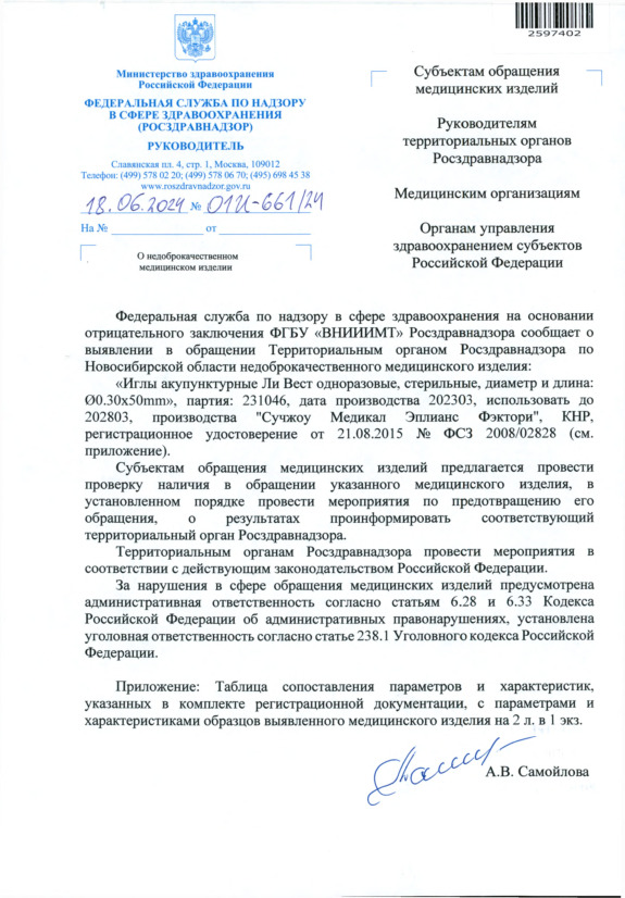 Письмо 01И-661/24 О недоброкачественном медицинском изделии