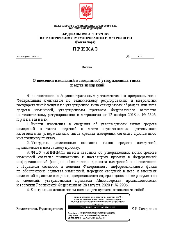 Приказ 1797 О внесении изменений в сведения об утвержденных типах средств измерений