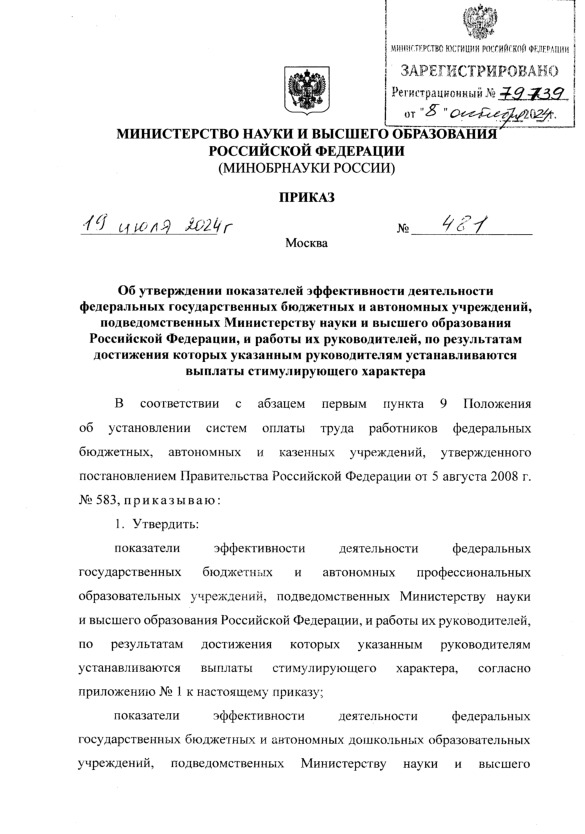 Приказ 481 Об утверждении показателей эффективности деятельности федеральных государственных бюджетных и автономных учреждений, подведомственных Министерству науки и высшего образования Российской Федерации, и работы их руководителей, по результатам достижения которых указанным руководителям устанавливаются выплаты стимулирующего характера