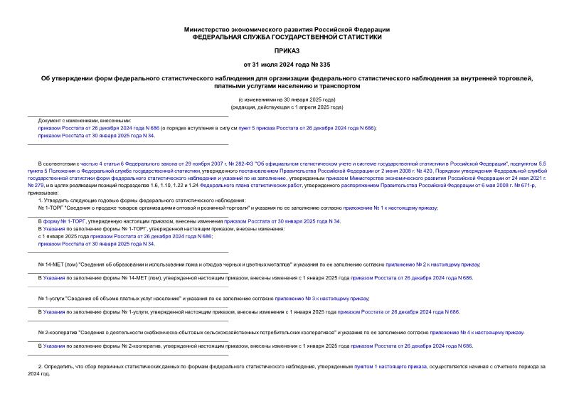 Приказ 335 Об утверждении форм федерального статистического наблюдения для организации федерального статистического наблюдения за внутренней торговлей, платными услугами населению и транспортом