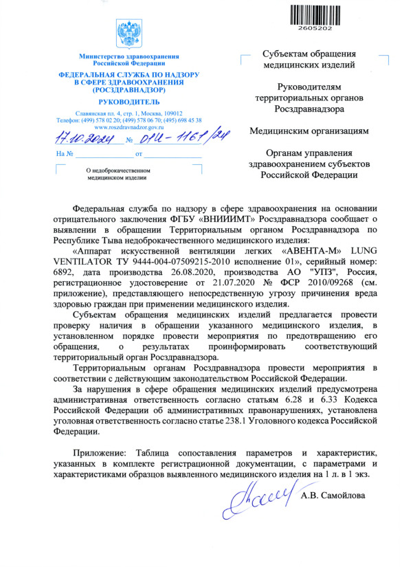 Письмо 01И-1161/24 О недоброкачественном медицинском изделии