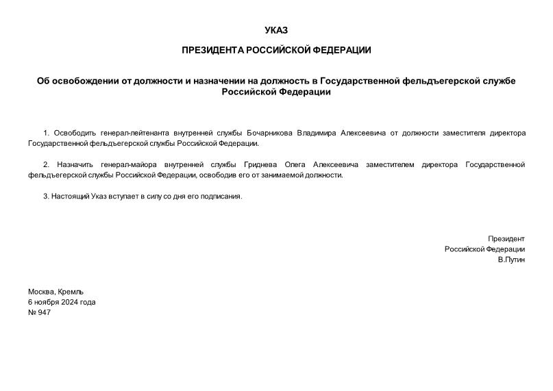 Указ 947 Об освобождении от должности и назначении на должность в Государственной фельдъегерской службе Российской Федерации