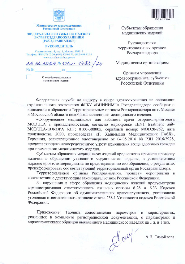 Письмо 01И-1483/24 О недоброкачественном медицинском изделии