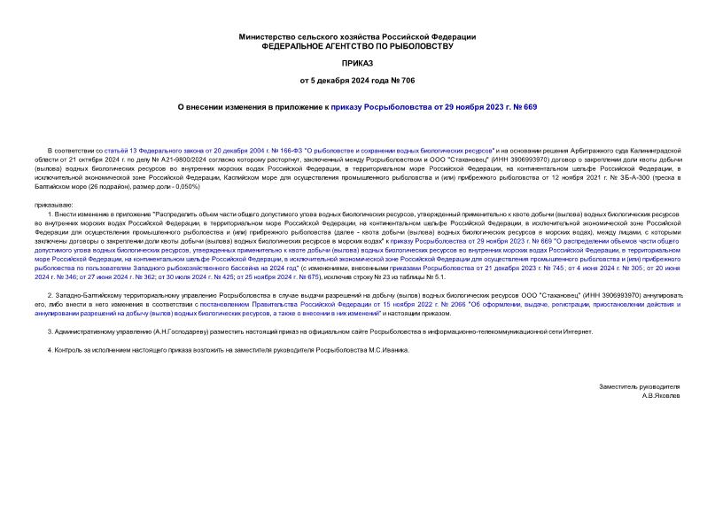 Приказ 706 О внесении изменения в приложение к приказу Росрыболовства от 29 ноября 2023 г. № 669