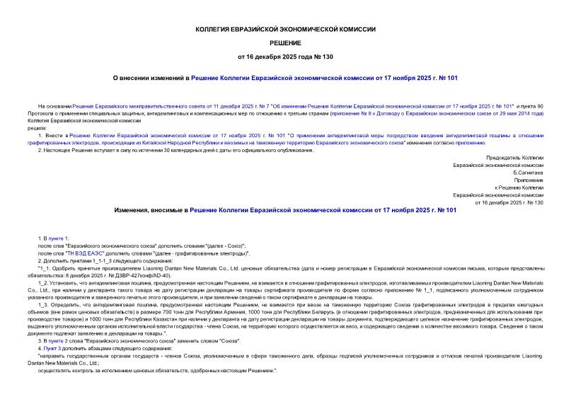 ������� 130 � �������� ��������� � ������� �������� ����������� ������������� �������� �� 17 ������ 2025 �. � 101