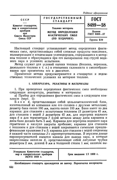 ГОСТ 8489-58 Топливо моторное. Метод определения фактических смол (по Бударову)