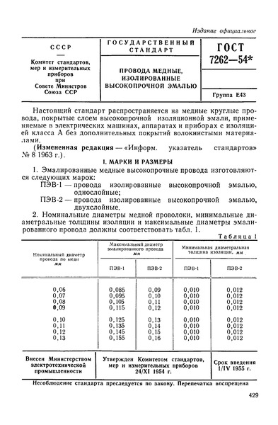 ГОСТ 7262-54 Провода медные, изолированные высокопрочной эмалью