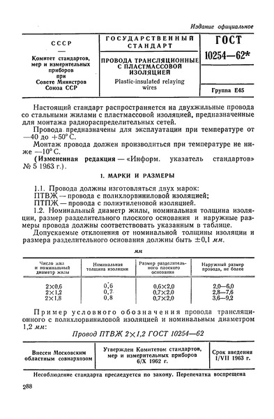 ГОСТ 10254-62 Провода трансляционные с пластмассовой изоляцией