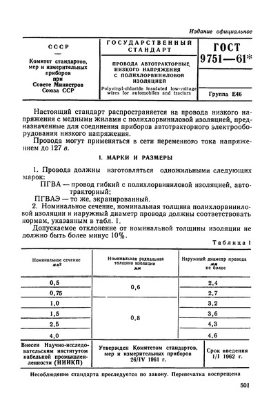 ГОСТ 9751-61 Провода автотракторные низкого напряжения с полихлорвиниловой изоляцией