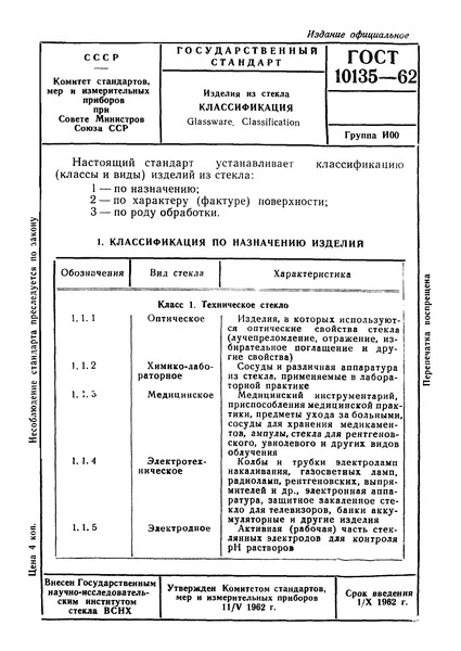 ГОСТ 10135-62 Изделия из стекла. Классификация