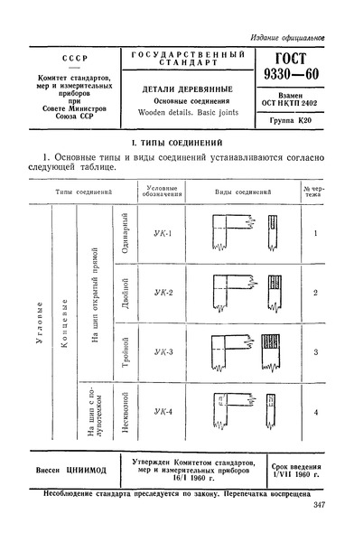 ГОСТ 9330-60 Детали деревянные. Основные соединения