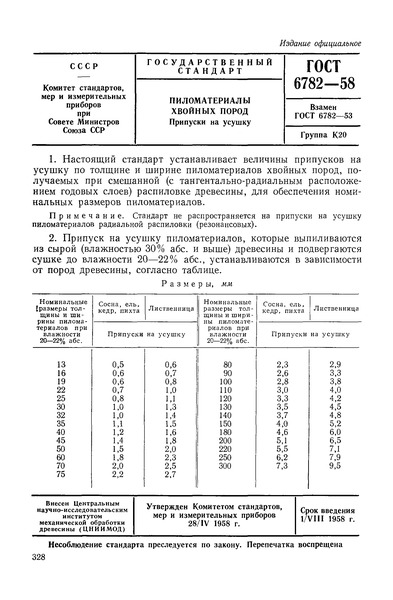 ГОСТ 6782-58 Пиломатериалы хвойных пород. Припуски на усушку